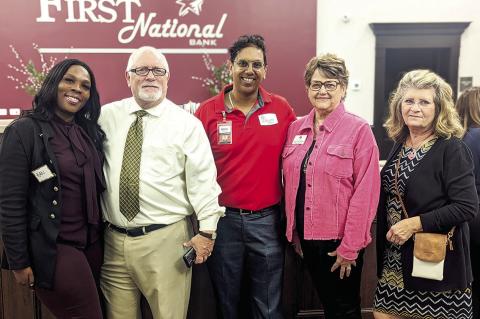 The Chamber met with several businesses in attendance. From left they are Nikki Upson with Columbus Oaks, John Jones with Three Crosses Ministries, Srinivas “Ross” Mudunuri with St. Christina’s EMS and Chamber Board members Janet Hollman and Becky Nutt. 